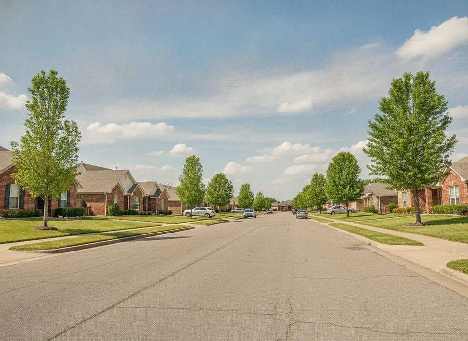 Residential street with green lawns and brick homes under a big sky