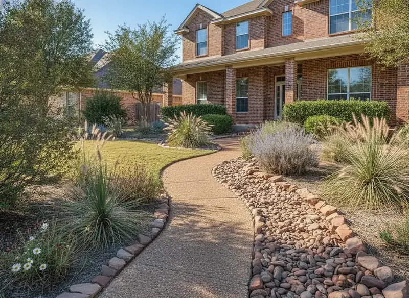 Water-wise front yard with native plants, gravel path and rock beds