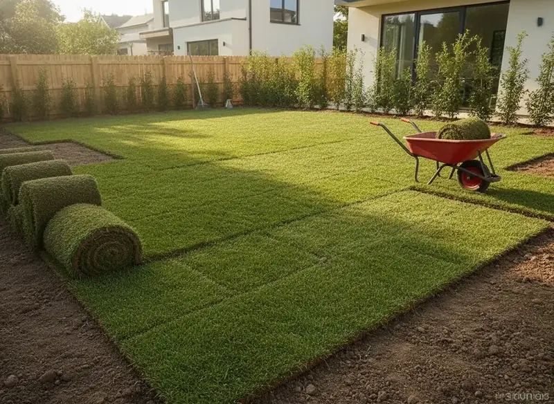 Fresh Bermuda sod squares being laid on prepared soil