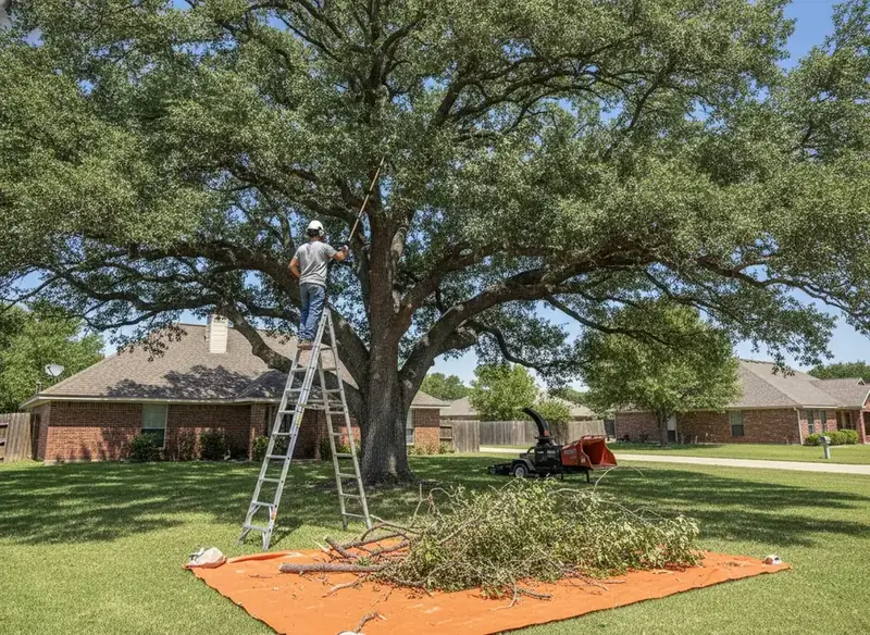 Worker seen from behind pruning a shade tree over a yard